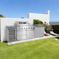 Outdoor Kitchen Island Built for Entertaining, 104" Length, Gas Grill & Sink, Compact Refrigerator
