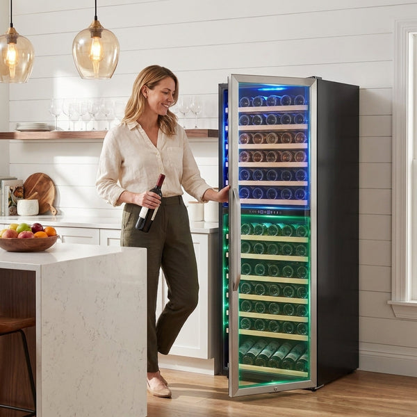 Dual Zone Wine Cooler Built for Large Collections, 24 Inch Capacity, Powerful Compressor, Quiet Operation