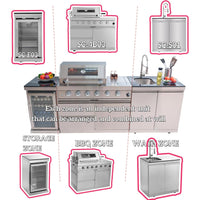 Outdoor Kitchen Island Built for Entertaining, 104" Length, Gas Grill & Sink, Compact Refrigerator