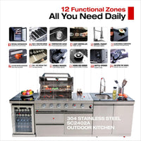 Outdoor Kitchen Island Built for Entertaining, 104" Length, Gas Grill & Sink, Compact Refrigerator
