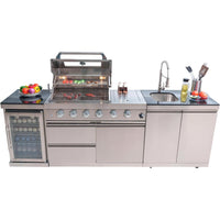 Outdoor Kitchen Island Built for Entertaining, 104" Length, Gas Grill & Sink, Compact Refrigerator