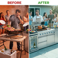 Modular Outdoor Kitchen BBQ Island, 104" Outdoor Kitchen Propane Gas Island Grill with Sink, Compact Refrigerator, Storage Cabinets, Rotisserie Kit (Silver, 104") — Before & After