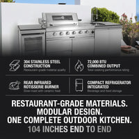 Modular Outdoor Kitchen BBQ Island, 104" Outdoor Kitchen Propane Gas Island Grill with Sink, Compact Refrigerator, Storage Cabinets, Rotisserie Kit (Silver, 104") — Results & Stats