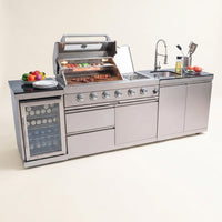 Modular Outdoor Kitchen BBQ Island, 104" Outdoor Kitchen Propane Gas Island Grill with Sink, Compact Refrigerator, Storage Cabinets, Rotisserie Kit (Silver, 104") — Studio Shot