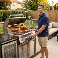 Modular Outdoor Kitchen BBQ Island, 104" Outdoor Kitchen Propane Gas Island Grill with Sink, Compact Refrigerator, Storage Cabinets, Rotisserie Kit (Silver, 104") — Lifestyle