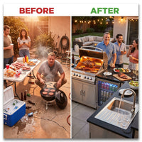 Outdoor Kitchen Island Built for Entertaining, 104" Length, Gas Grill & Sink, Compact Refrigerator — Before & After