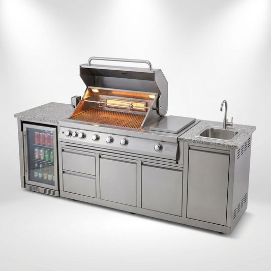 Outdoor Kitchen Island Built for Entertaining, 104" Length, Gas Grill & Sink, Compact Refrigerator — Studio Shot
