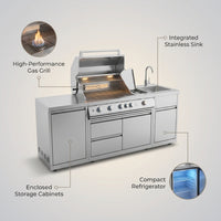Outdoor Kitchen Island Built for Entertaining, 104" Length, Gas Grill & Sink, Compact Refrigerator — infographic