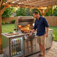 Outdoor Kitchen Island Built for Entertaining, 104" Length, Gas Grill & Sink, Compact Refrigerator — Lifestyle