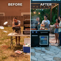 Premium 70" Black Stainless Steel Outdoor Kitchen Island with Refrigerator + 32"W 4-Burner BBQ Grill with Rear Burner — Before & After