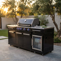 Premium 70" Black Stainless Steel Outdoor Kitchen Island with Refrigerator + 32"W 4-Burner BBQ Grill with Rear Burner — Studio Shot