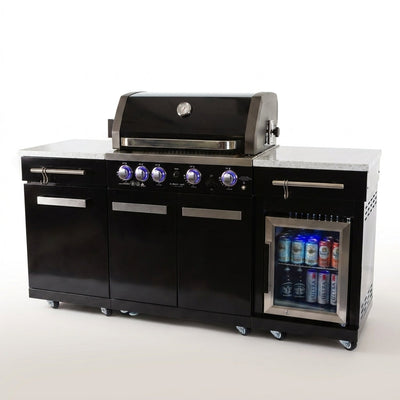 Outdoor Kitchen Island Built to Elevate Backyard Entertaining, 70" Black Stainless Steel, 4-Burner Grill, Refrigerator