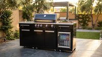 Premium 70" Black Stainless Steel Outdoor Kitchen Island with Refrigerator + 32"W 4-Burner BBQ Grill with Rear Burner — Lifestyle