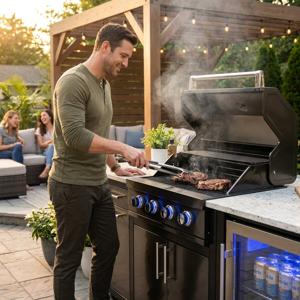 Outdoor Kitchen Island Built to Elevate Backyard Entertaining, 70" Black Stainless Steel, 4-Burner Grill, Refrigerator