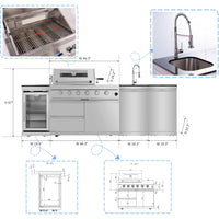 Outdoor Kitchen Island Built for Entertaining, 104" Length, Gas Grill & Sink, Compact Refrigerator