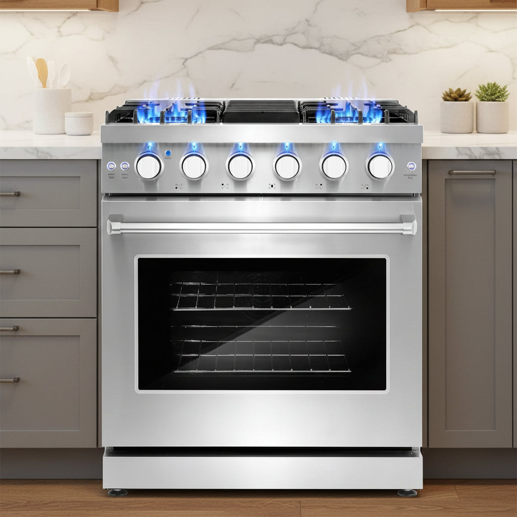 30 In. Haven Coll 4.8 Cu Ft 5 Burner Gas Range, Convection, Stainless Steel |  COS-EPGR304 Convection Oven, Knob LED Indicators, Mirror Finished Knobs, Storage Drawer, Liquid Propane Convertible