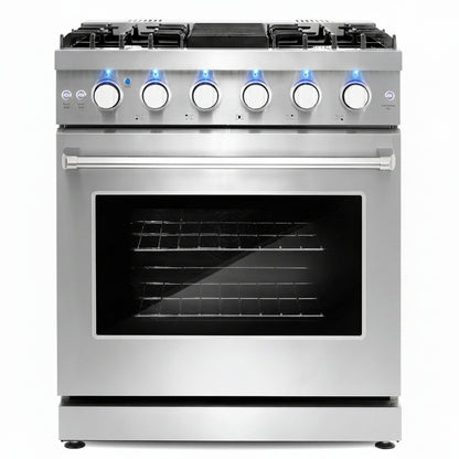 30 In. Haven Coll 4.8 Cu Ft 5 Burner Gas Range, Convection, Stainless Steel |  COS-EPGR304 Convection Oven, Knob LED Indicators, Mirror Finished Knobs, Storage Drawer, Liquid Propane Convertible