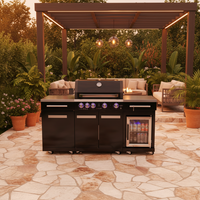 Outdoor Kitchen Island Built to Elevate Backyard Entertaining, 70" Black Stainless Steel, 4-Burner Grill, Refrigerator