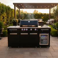 Outdoor Kitchen Island Built to Elevate Backyard Entertaining, 70" Black Stainless Steel, 4-Burner Grill, Refrigerator
